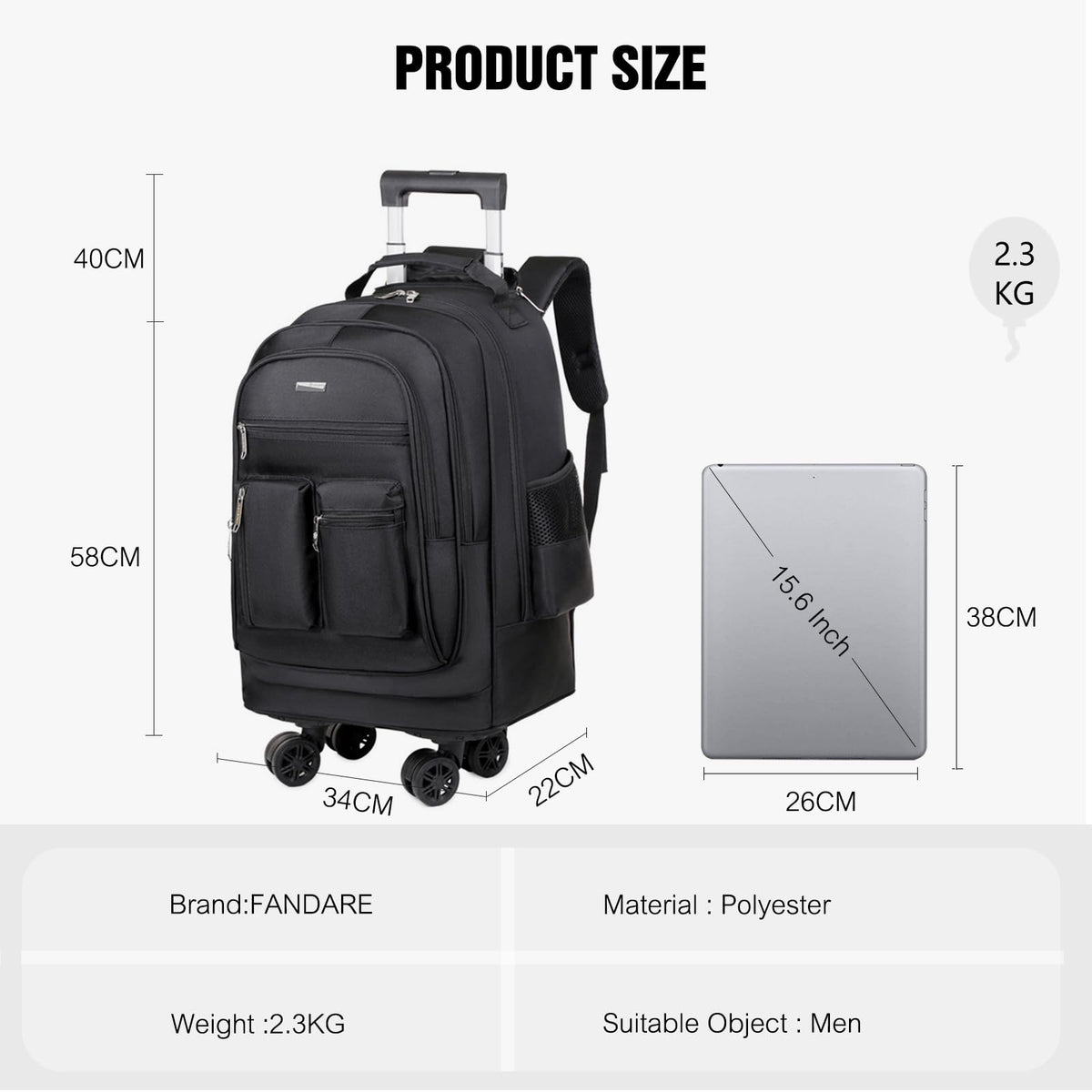 Rolling Backpack with Silent Wheels Black X203