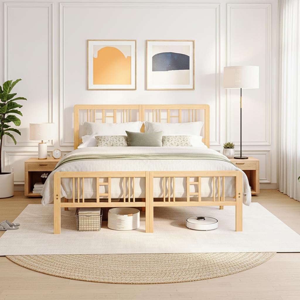 14 Inch Solid Bamboo Wood Full Size Platform Bed Frame with Headboard N3979