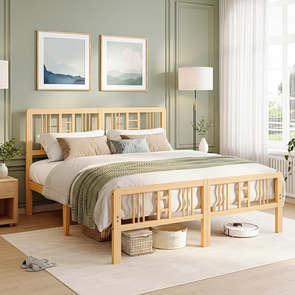 14 Inch Solid Bamboo Wood Full Size Platform Bed Frame with Headboard N3979