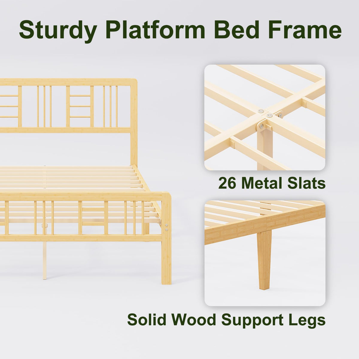 14 Inch Solid Bamboo Wood Full Size Platform Bed Frame with Headboard N3979