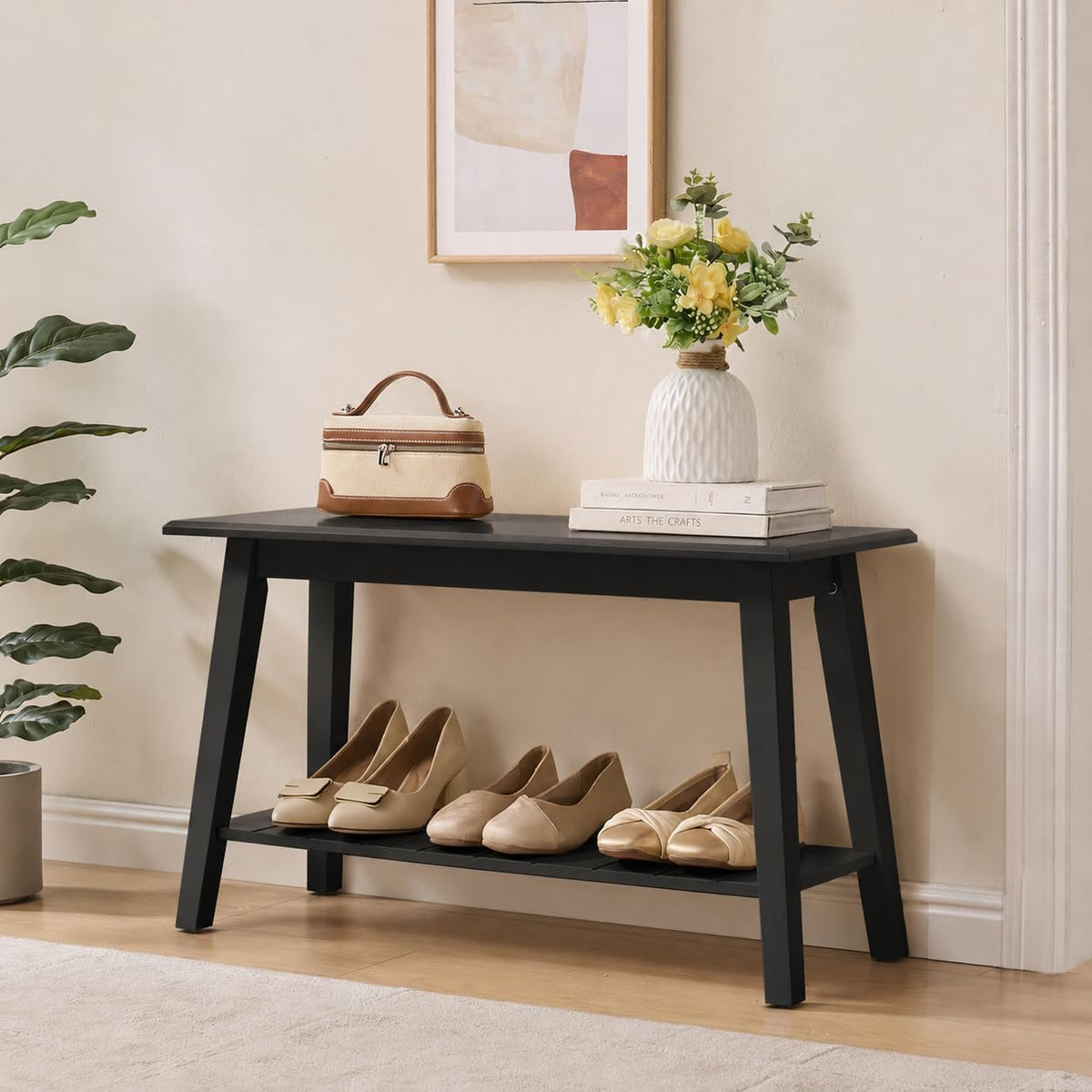 Black Wood Shoe Bench with Storage Shelf M261