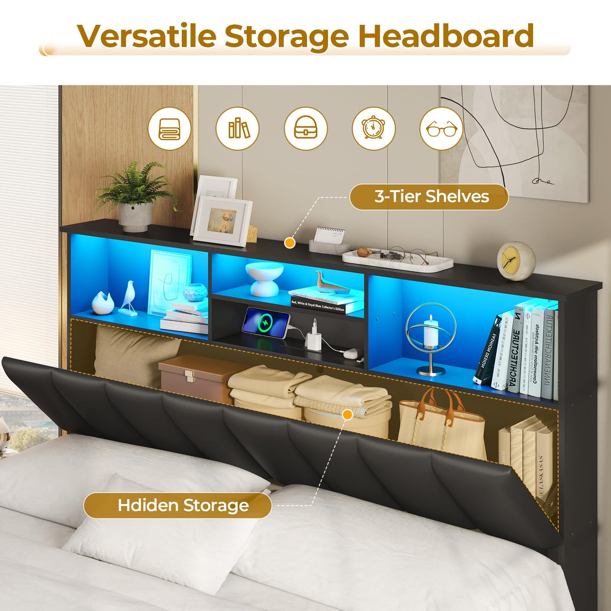 Black Full Size Wood Bed Frame with Bookcase Headboard and 4 Storage Drawers H9813