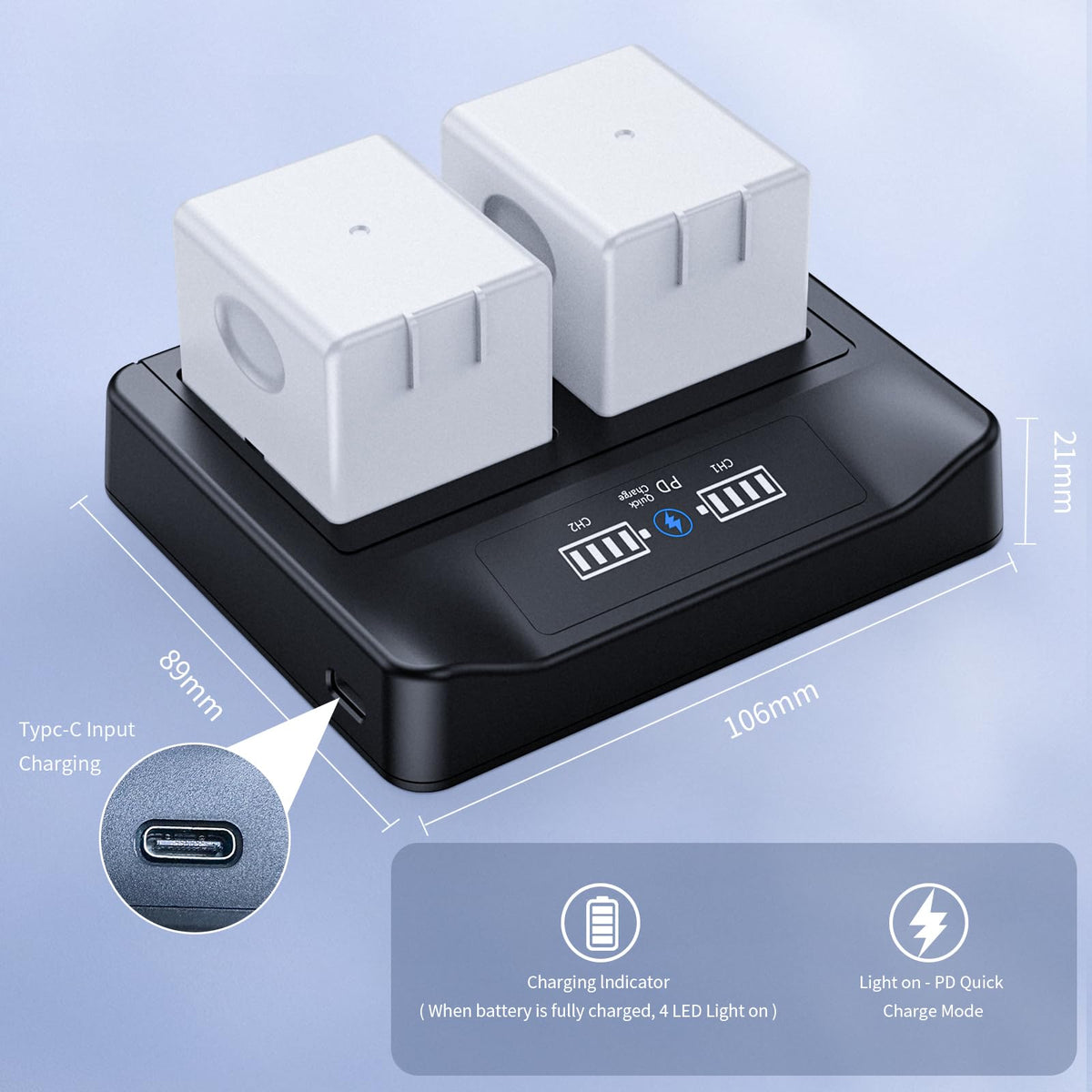 18W PD LCD USB Dual Battery Charger T3649