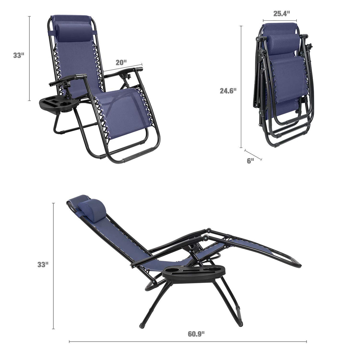 Blue Zero Gravity Folding Lounge Chairs Set of 2 with Cup Holder N46055