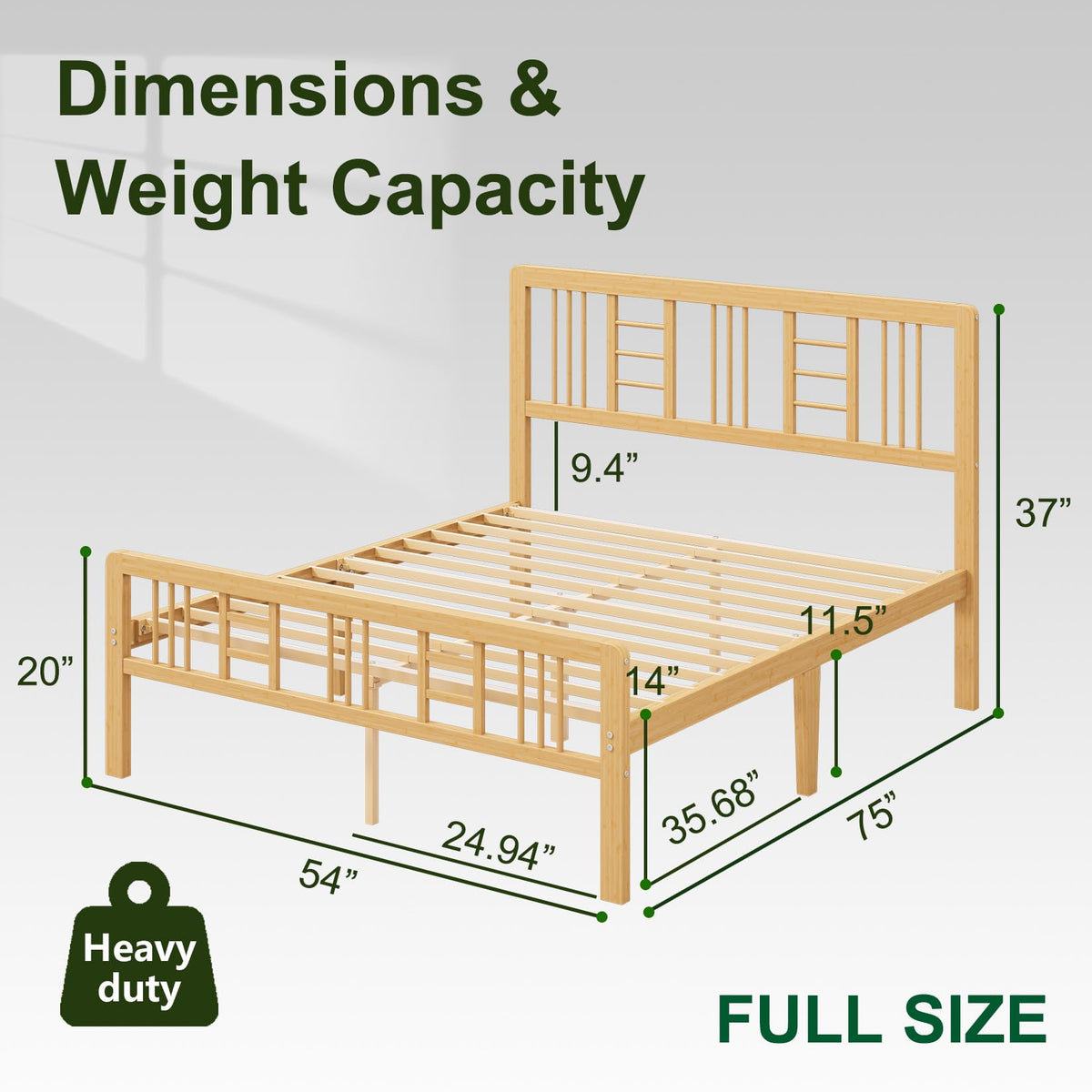 14 Inch Solid Bamboo Wood Full Size Platform Bed Frame with Headboard N3979