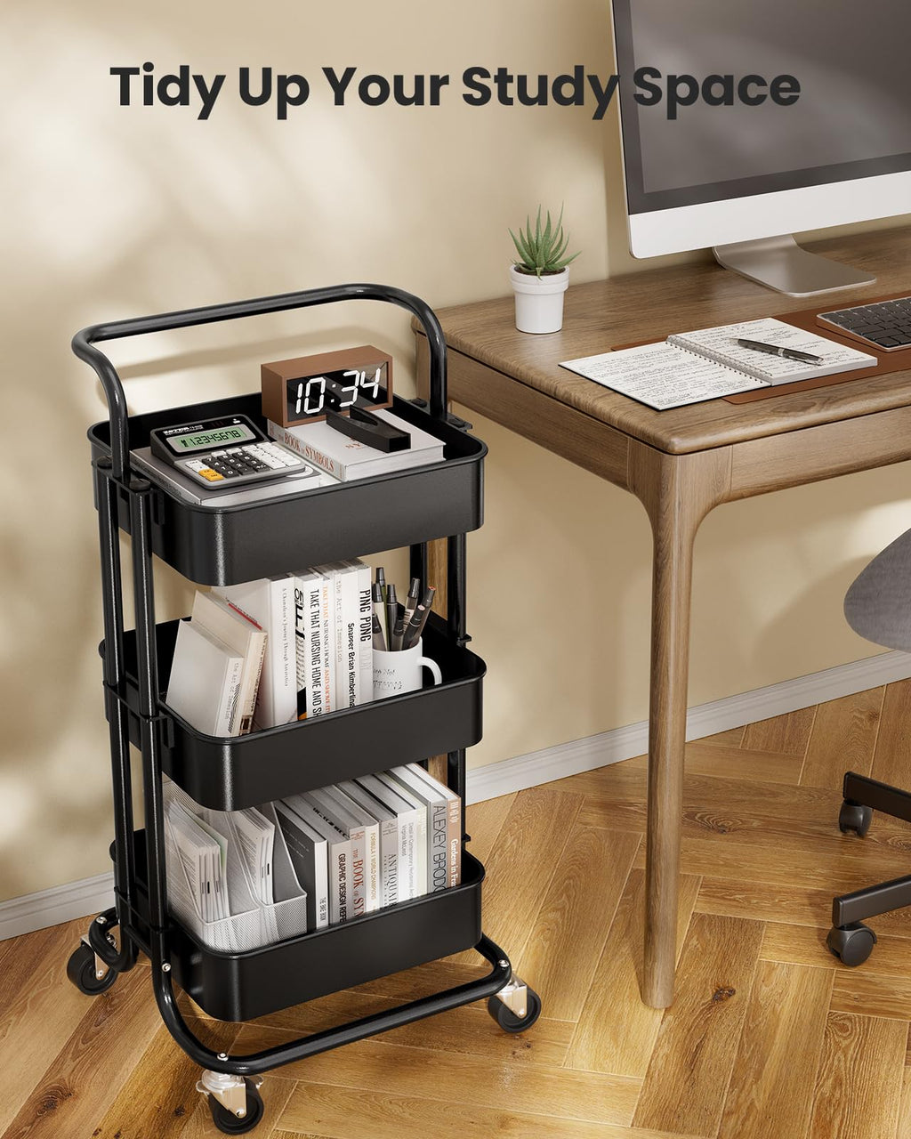 3 Tier Rolling Cart with Handle & 2 Lockable Wheels H5091