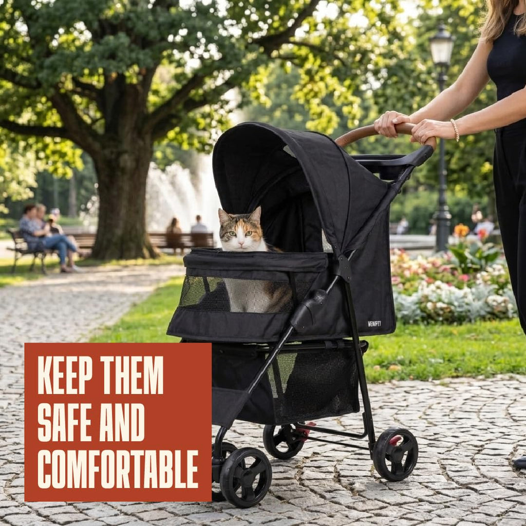 Foldable Pet Stroller with Mesh, Storage Basket & Cup Holder N8600