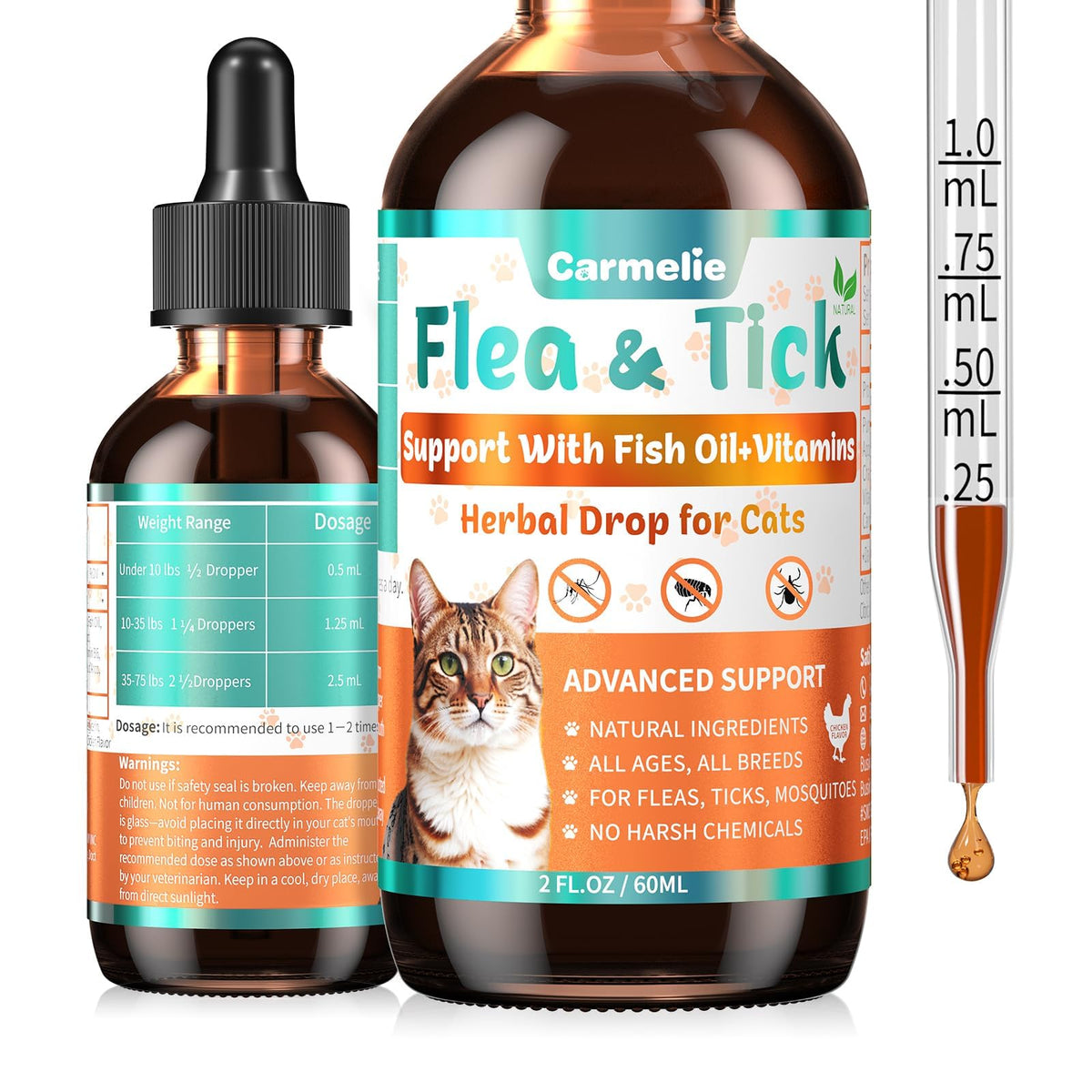 Flea and Tick Prevention for Cat with Vitamins Fish Oil 2 fl oz S2598
