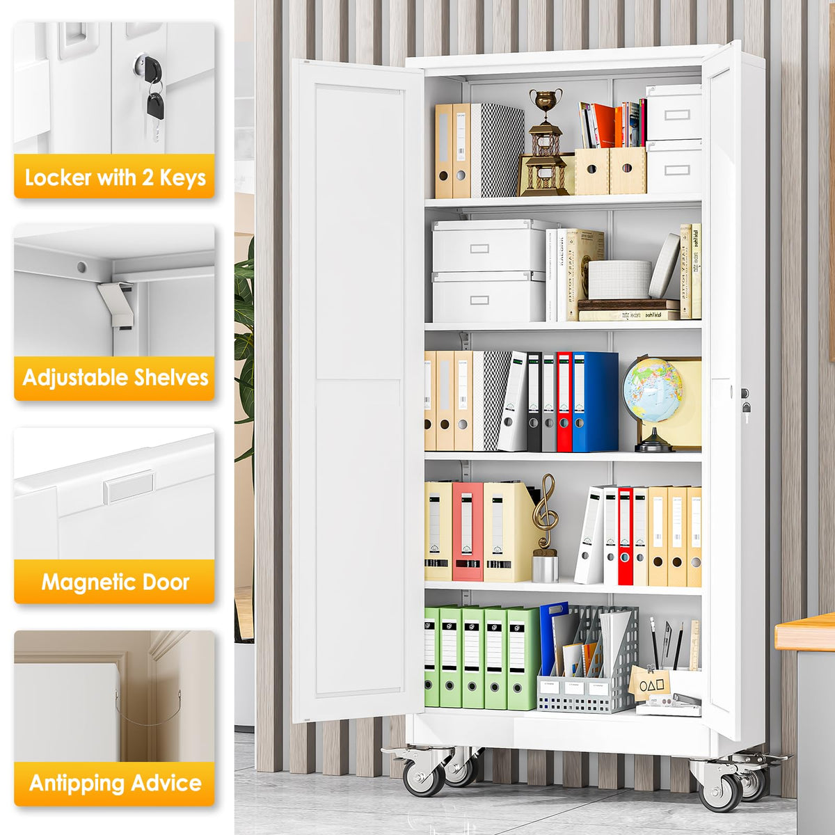 71''H White Metal Storage Cabinet with Wheels W1034