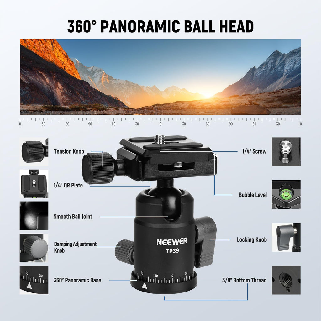 Carbon Fiber Camera Tripod Monopod 65" Lightweight Compact Travel DSLR Video Stand 360° Ball Head 13.2 lbs S8242