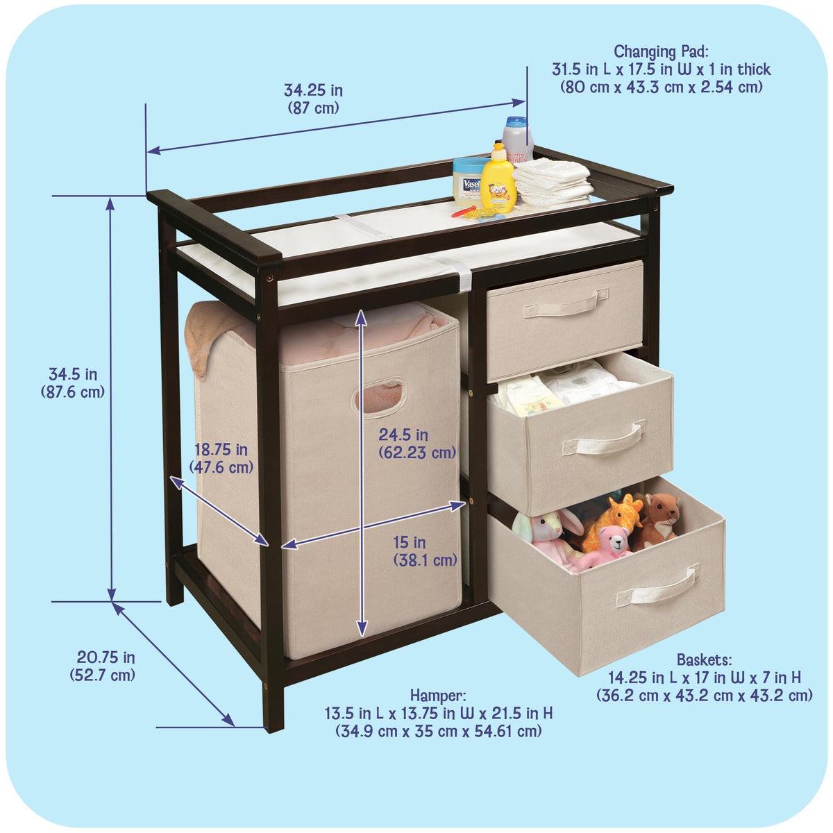 Baby Changing Table with Laundry Hamper and 3 Storage Drawers R392693