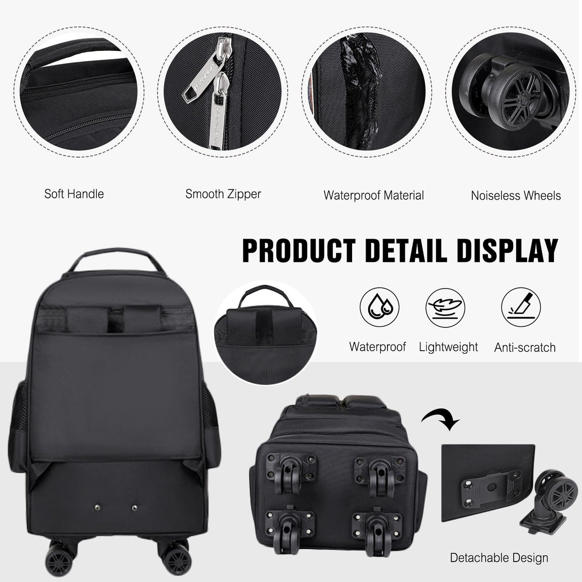 Rolling Backpack with Silent Wheels Black X203