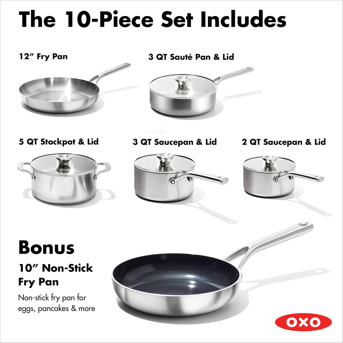 10 Piece Stainless Steel Cookware Set with Ceramic Nonstick Frying Pan T96152