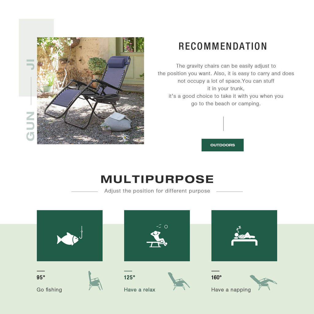 Blue Zero Gravity Folding Lounge Chairs Set of 2 with Cup Holder N46055