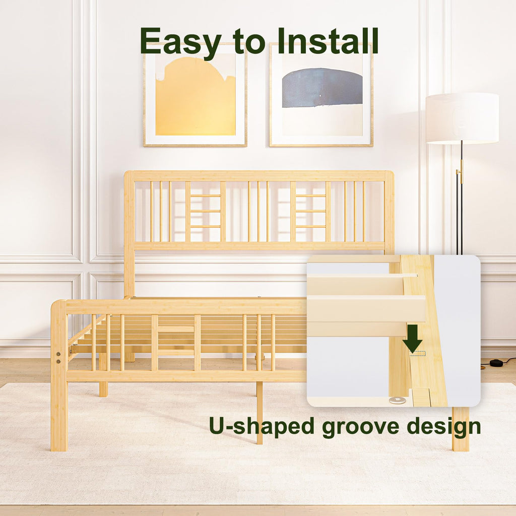 14 Inch Solid Bamboo Wood Full Size Platform Bed Frame with Headboard N3979