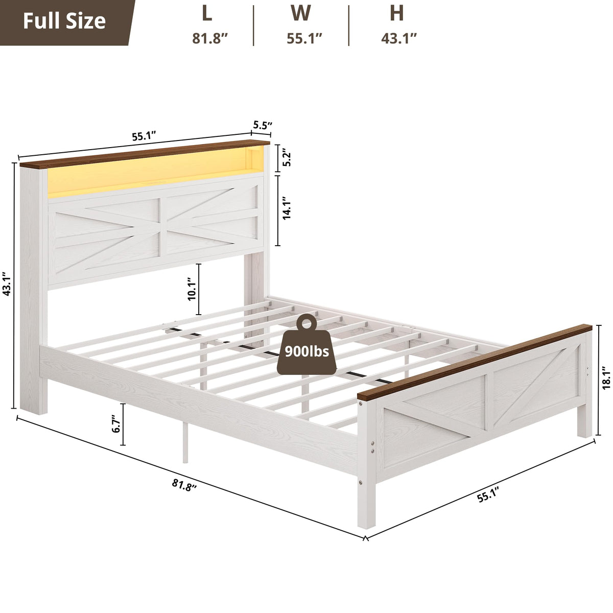 White Full Bed Frame with LED Lights & Charging Station R508985