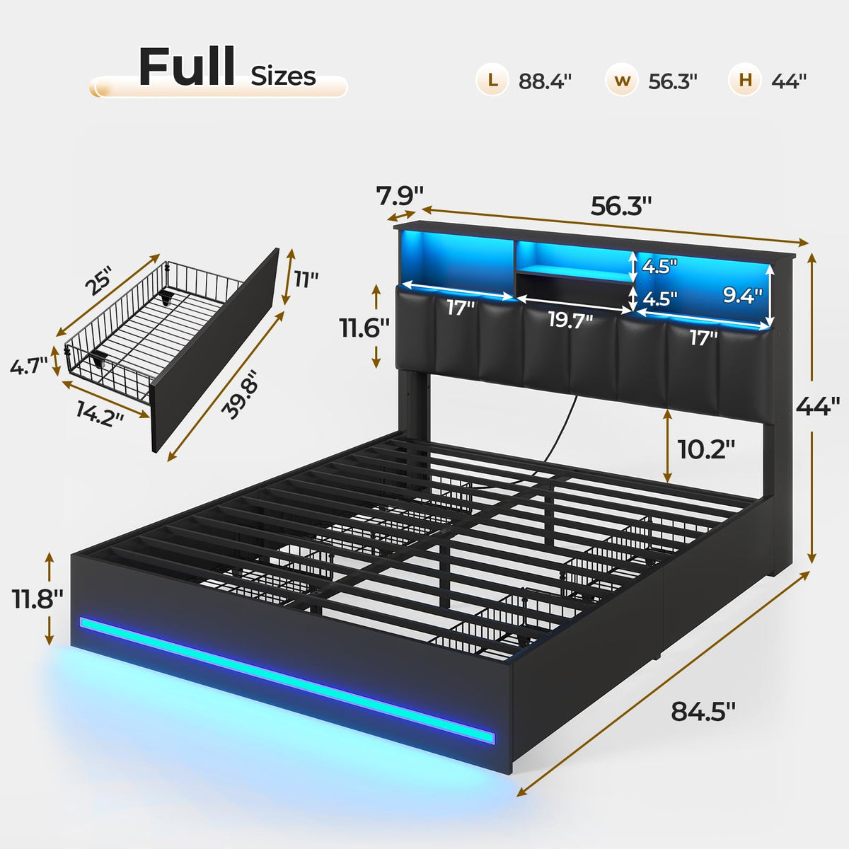 Black Full Size Wood Bed Frame with Bookcase Headboard and 4 Storage Drawers H9813