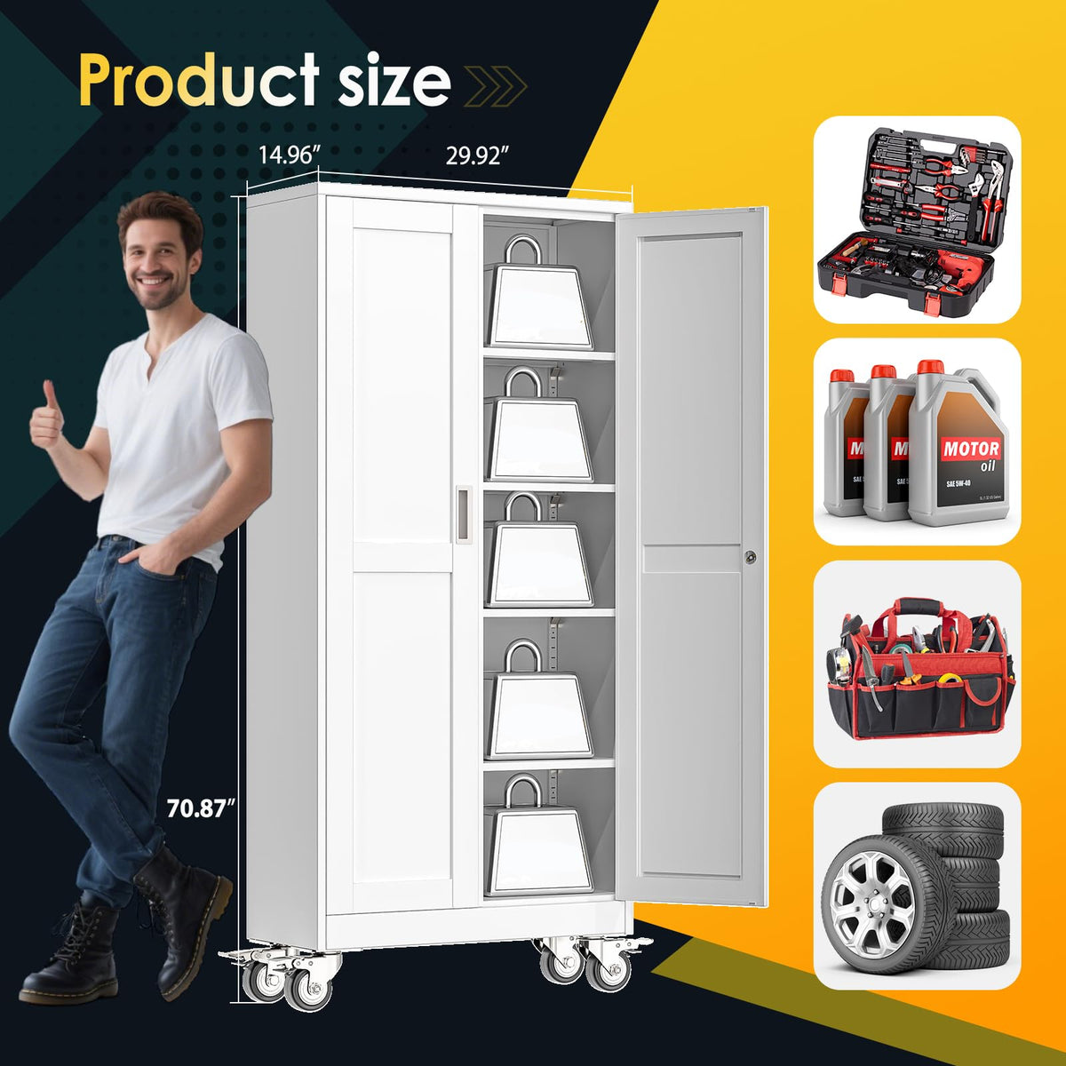 71''H White Metal Storage Cabinet with Wheels W1034