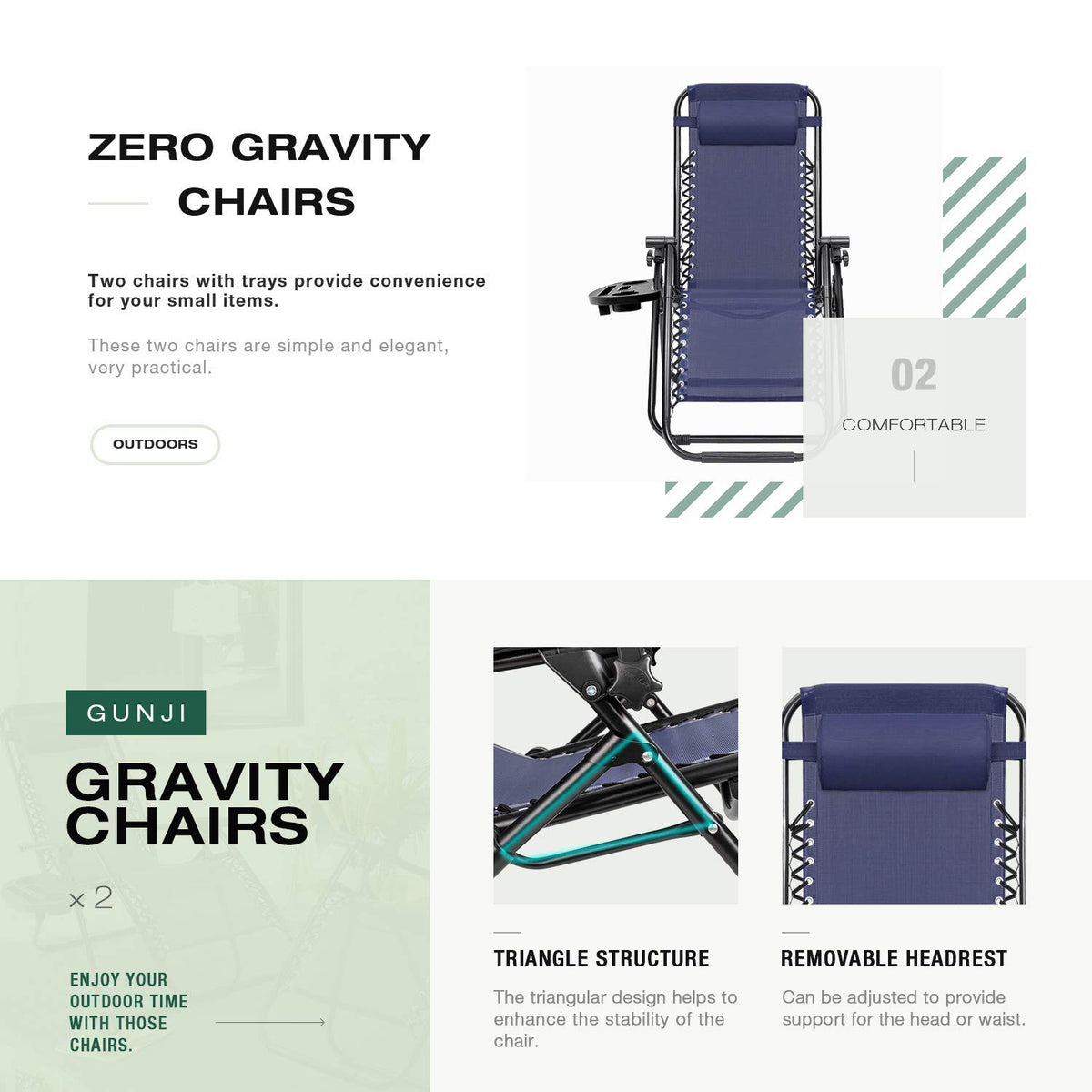 Blue Zero Gravity Folding Lounge Chairs Set of 2 with Cup Holder N46055