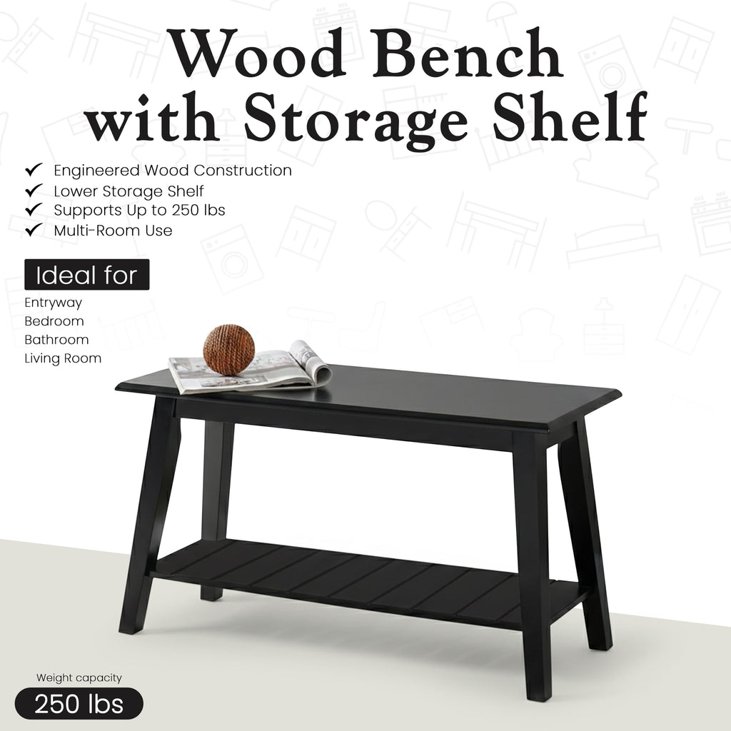 Black Wood Shoe Bench with Storage Shelf M261