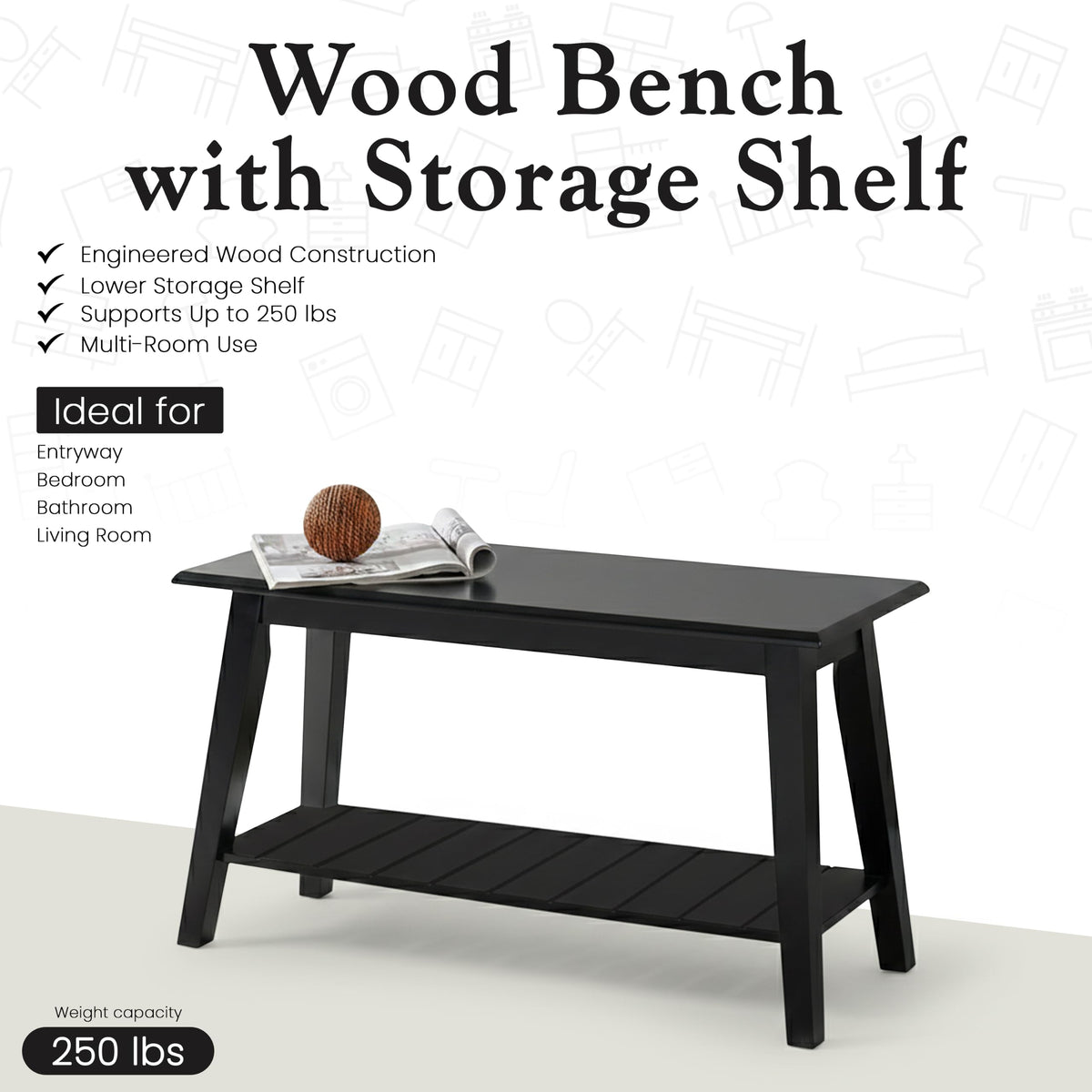 Black Wood Shoe Bench with Storage Shelf M261