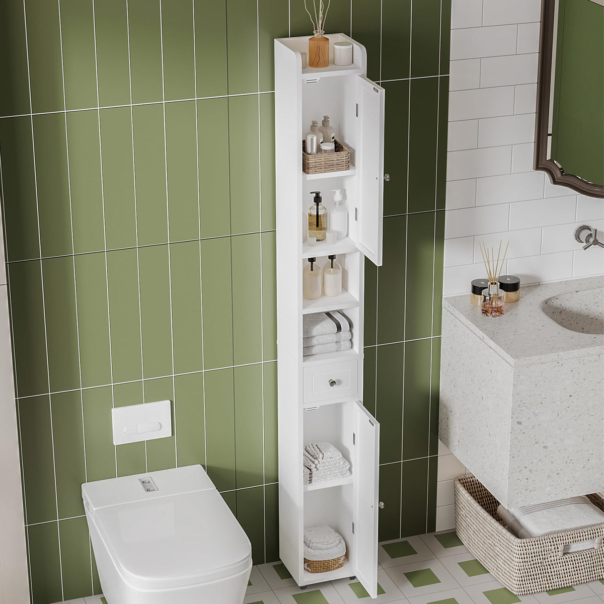 Narrow Bathroom Storage Cabinet with Drawer Q37860