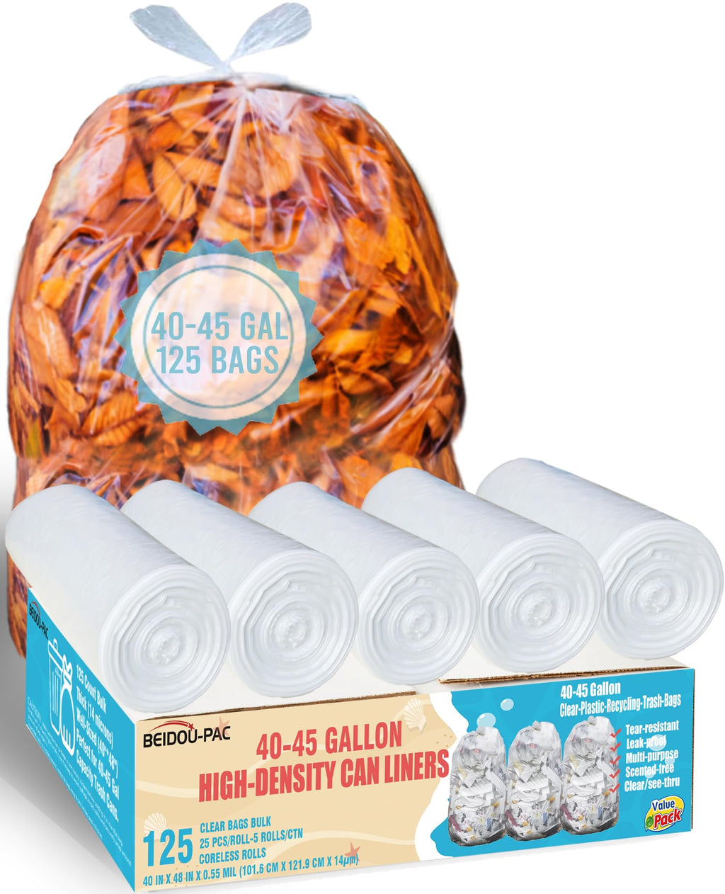 40-45 Gallon Clear Heavy Duty Plastic Trash Bags, 125 Count C834
