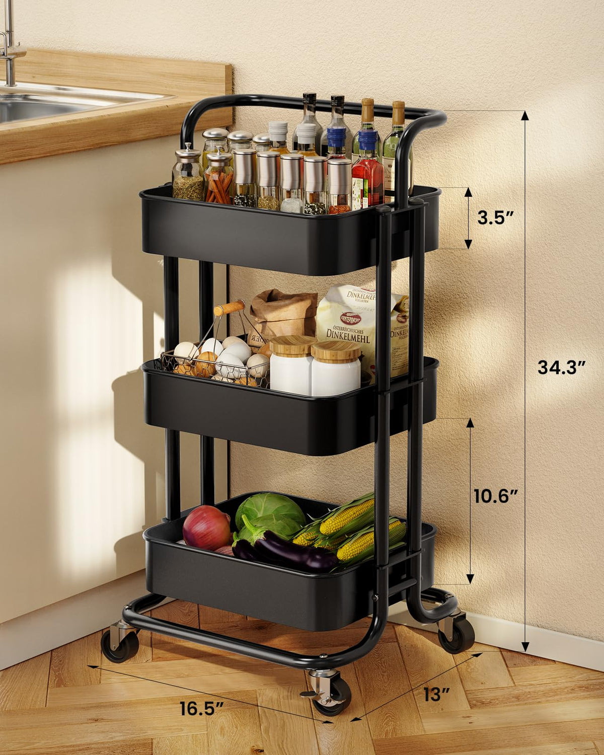 3 Tier Rolling Cart with Handle & 2 Lockable Wheels H5091