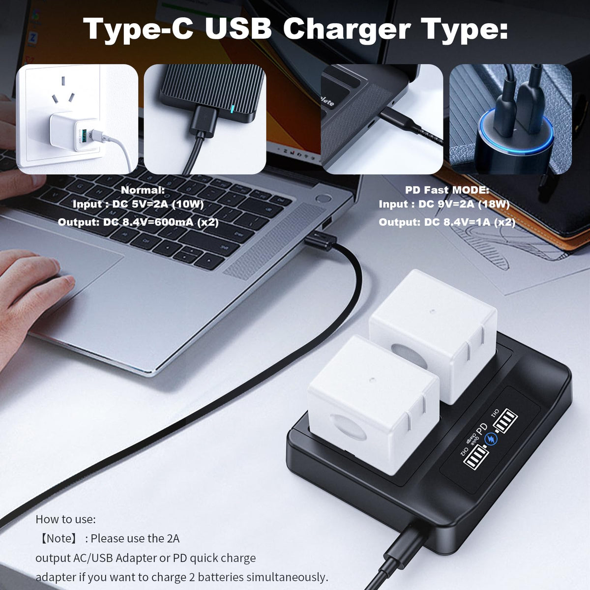 18W PD LCD USB Dual Battery Charger T3649