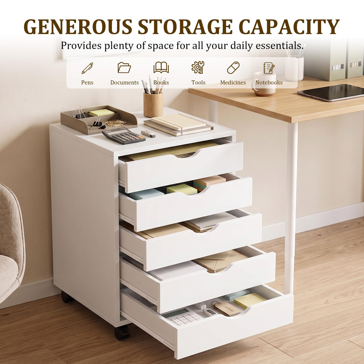 White 5 Drawer Rolling Storage Cabinet C607