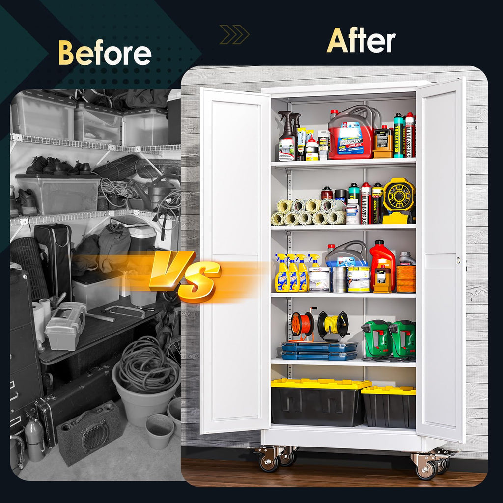 71''H White Metal Storage Cabinet with Wheels W1034