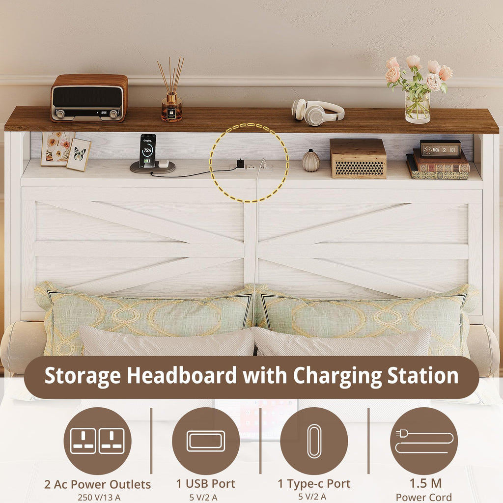 White Full Bed Frame with LED Lights & Charging Station R508985