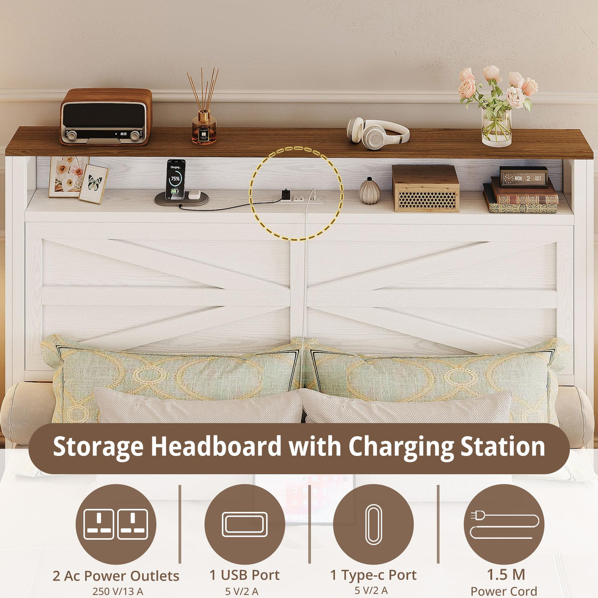 White Full Bed Frame with LED Lights & Charging Station R508985