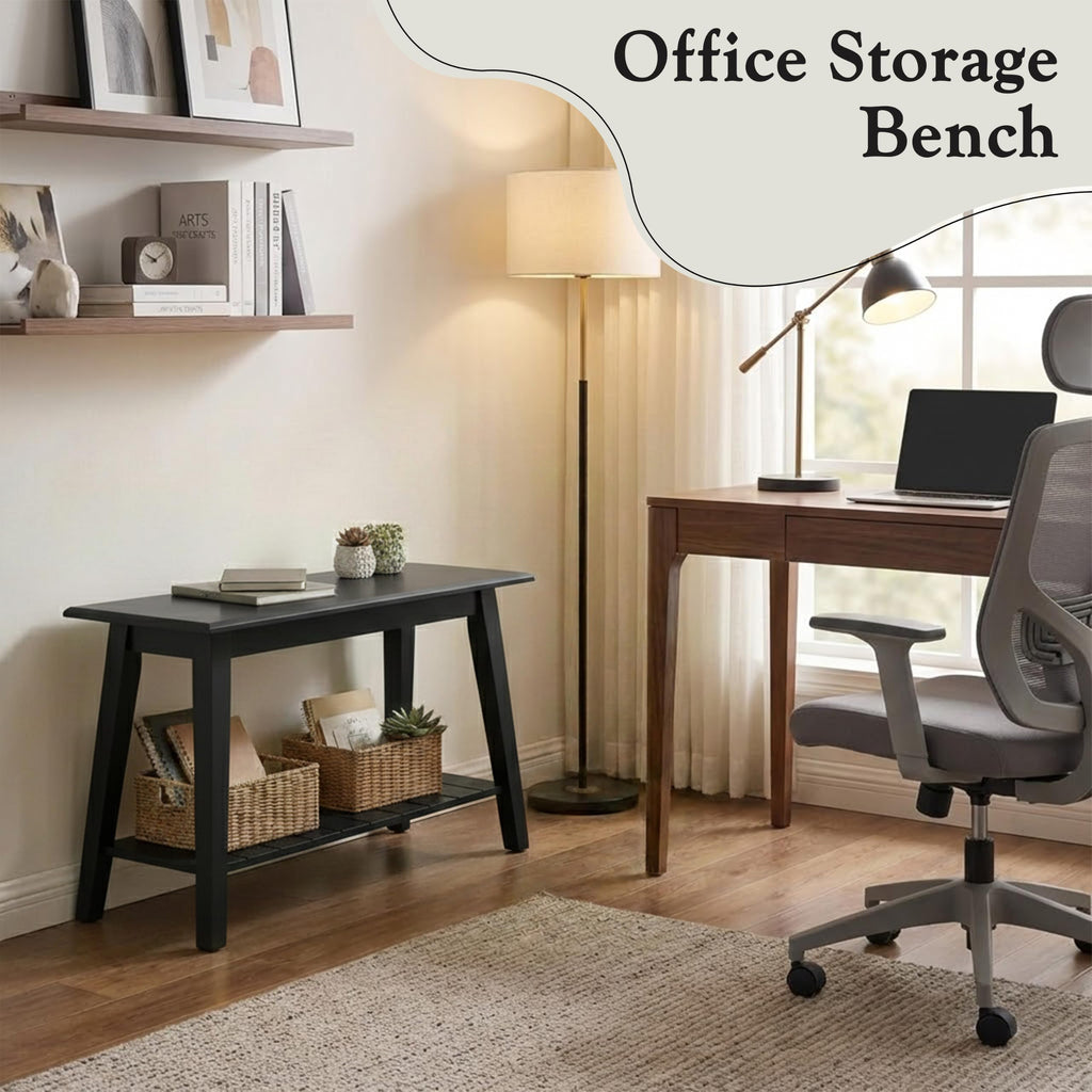 Black Wood Shoe Bench with Storage Shelf M261