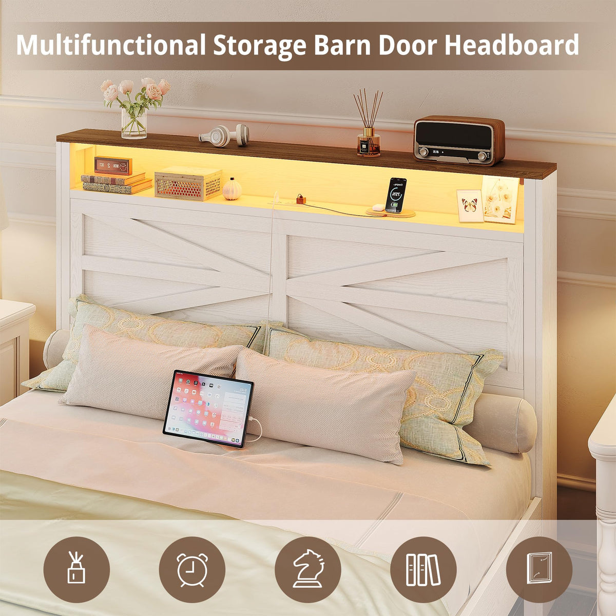 White Full Bed Frame with LED Lights & Charging Station R508985