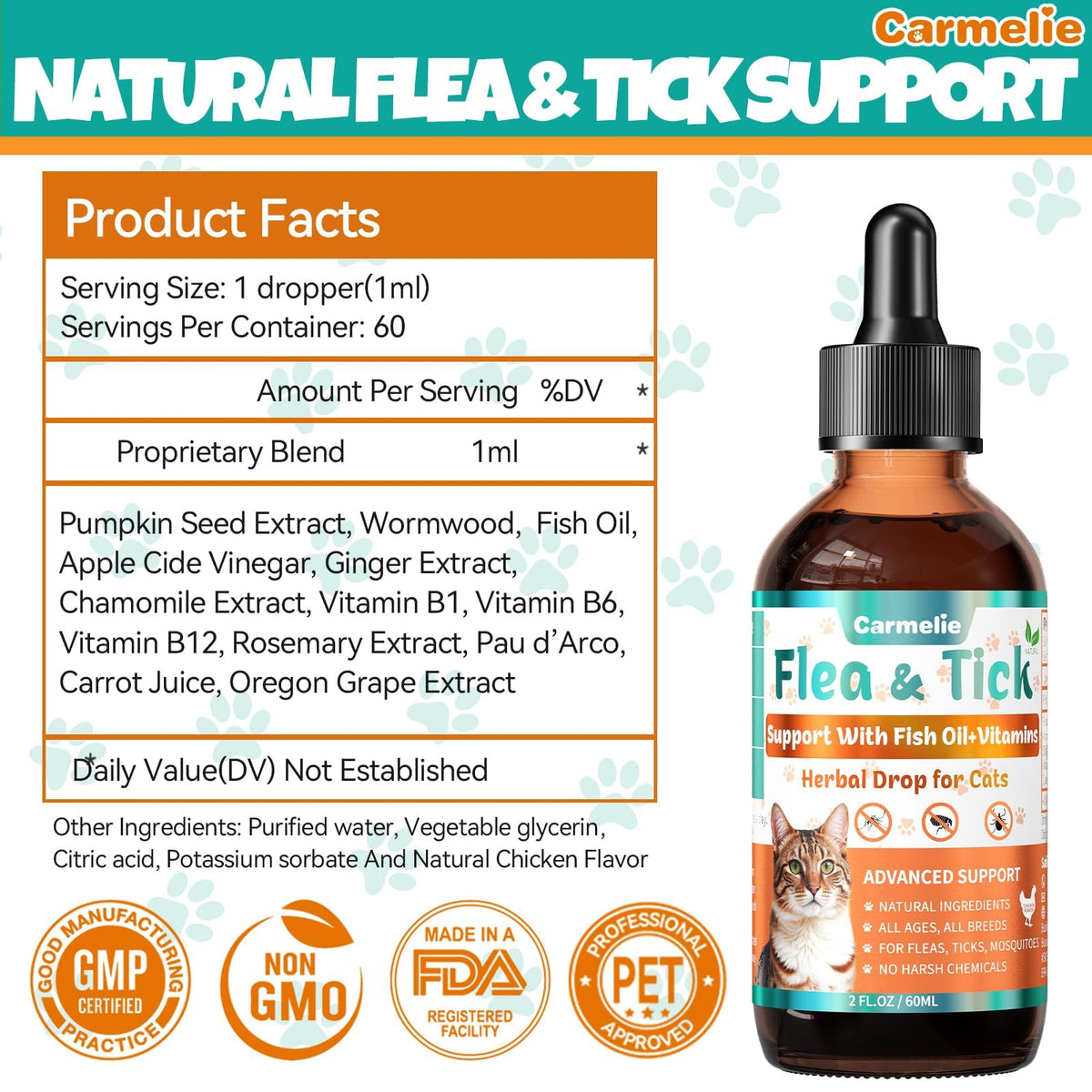 Flea and Tick Prevention for Cat with Vitamins Fish Oil 2 fl oz S2598