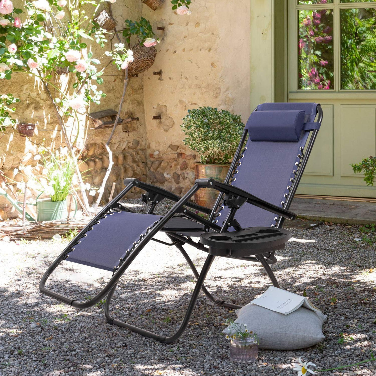 Blue Zero Gravity Folding Lounge Chairs Set of 2 with Cup Holder N46055