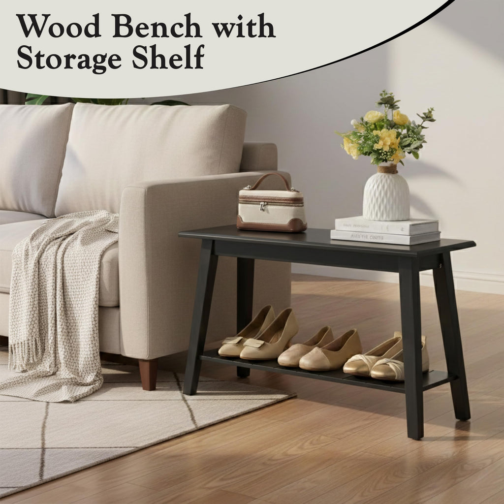 Black Wood Shoe Bench with Storage Shelf M261