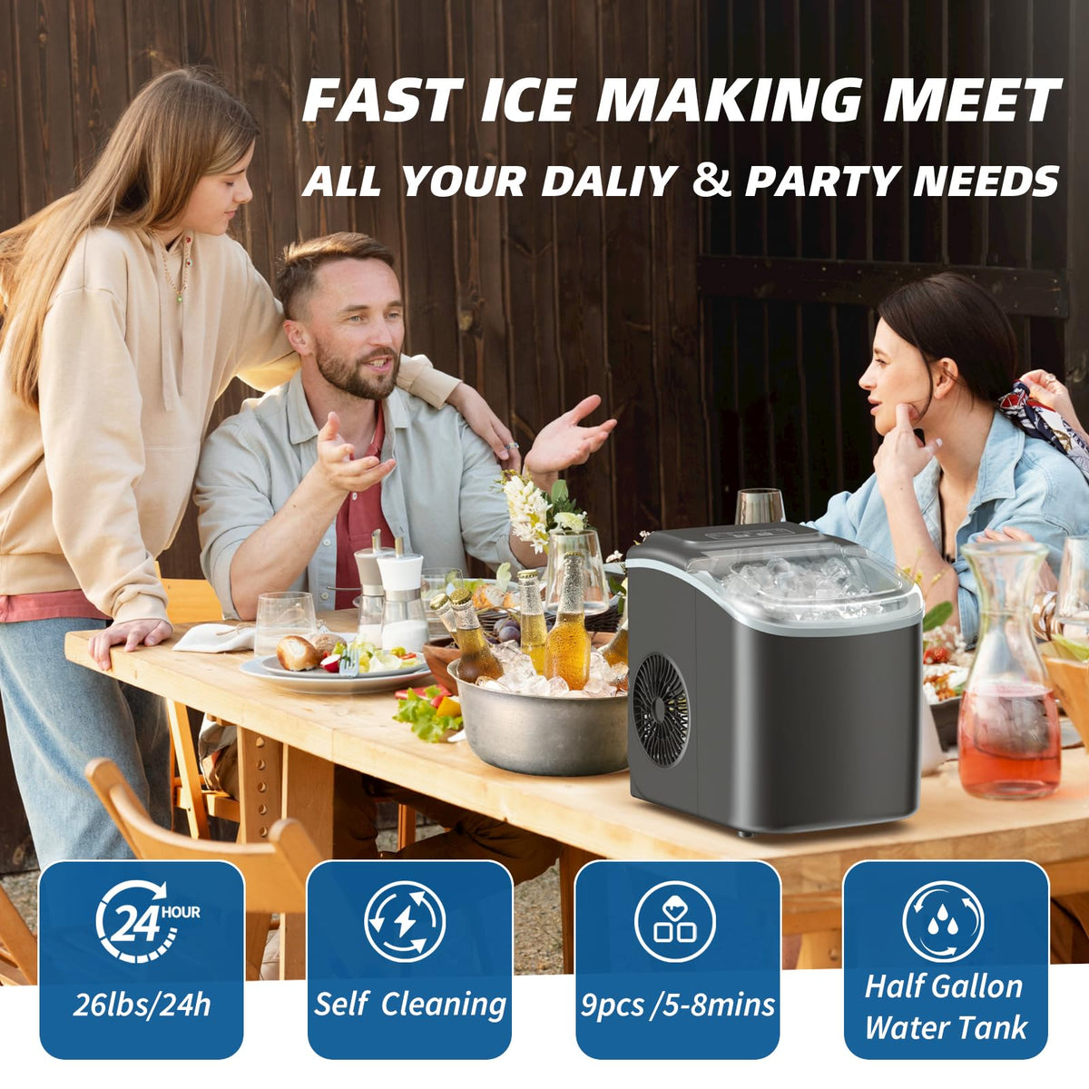 Black Portable Countertop Ice Maker with Scoop & Basket D874