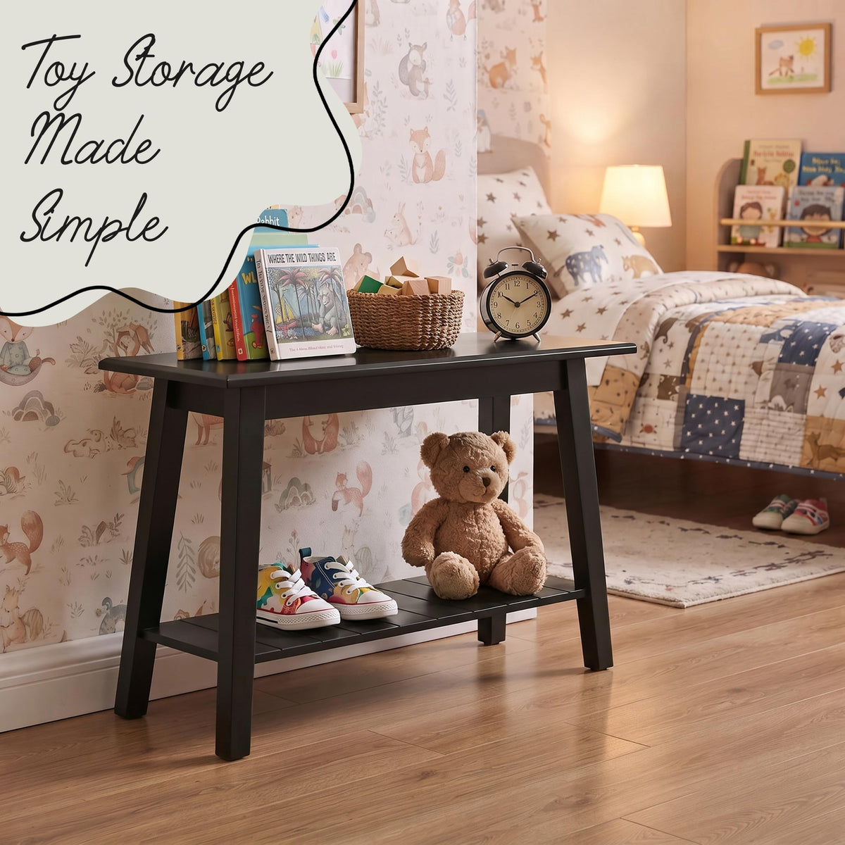 Black Wood Shoe Bench with Storage Shelf M261