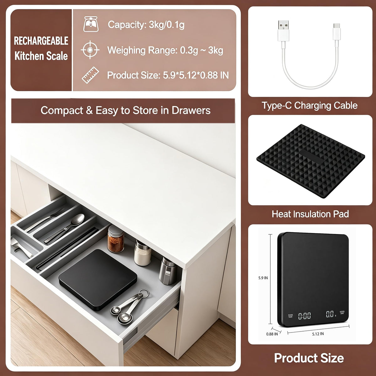 Rechargeable Digital Coffee Scale with Timer M8466