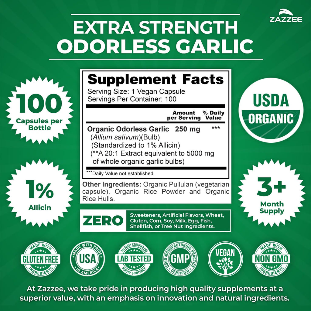 USDA Organic Odorless Garlic 20:1 Extract 100 Capsules Y444