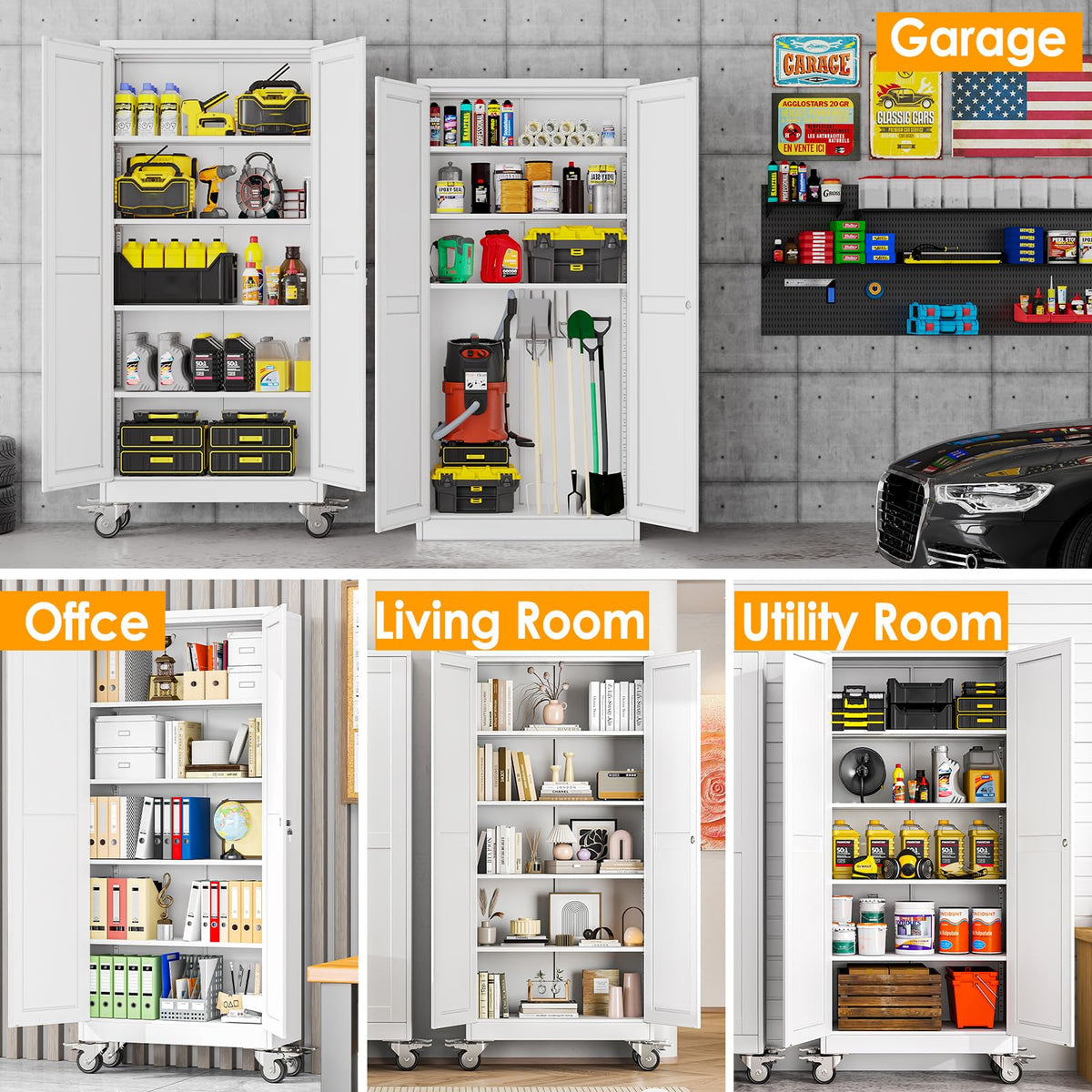 71''H White Metal Storage Cabinet with Wheels W1034
