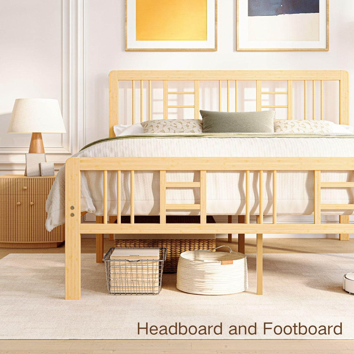 14 Inch Solid Bamboo Wood Full Size Platform Bed Frame with Headboard N3979