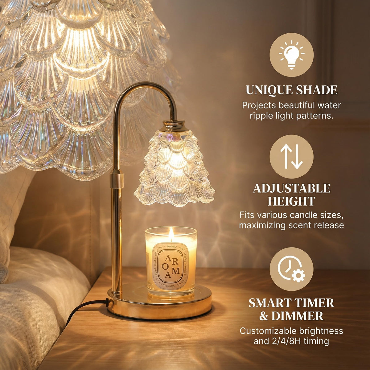 Candle Warmer Lamp with Timer & Dimmer, Adjustable Height, Gold B195