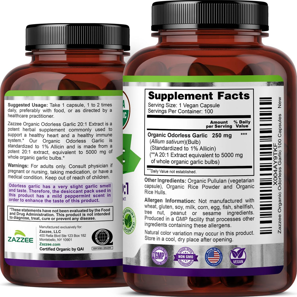 USDA Organic Odorless Garlic 20:1 Extract 100 Capsules Y444
