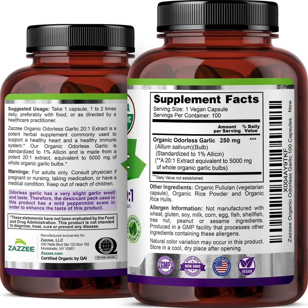 USDA Organic Odorless Garlic 20:1 Extract 100 Capsules Y444