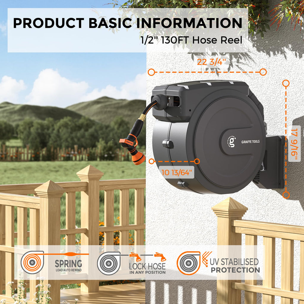 Retractable Garden Hose Reel 1/2" 130FT Wall Mount S62123