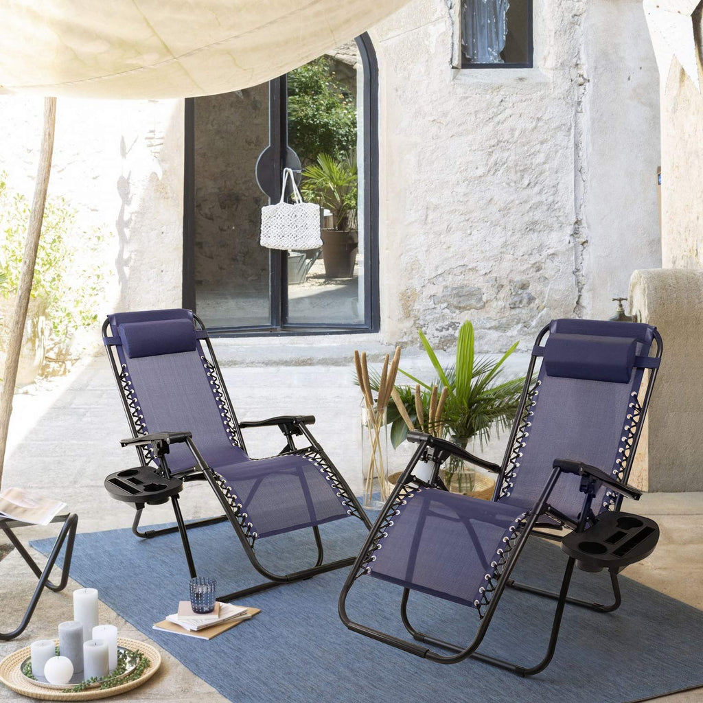 Blue Zero Gravity Folding Lounge Chairs Set of 2 with Cup Holder N46055