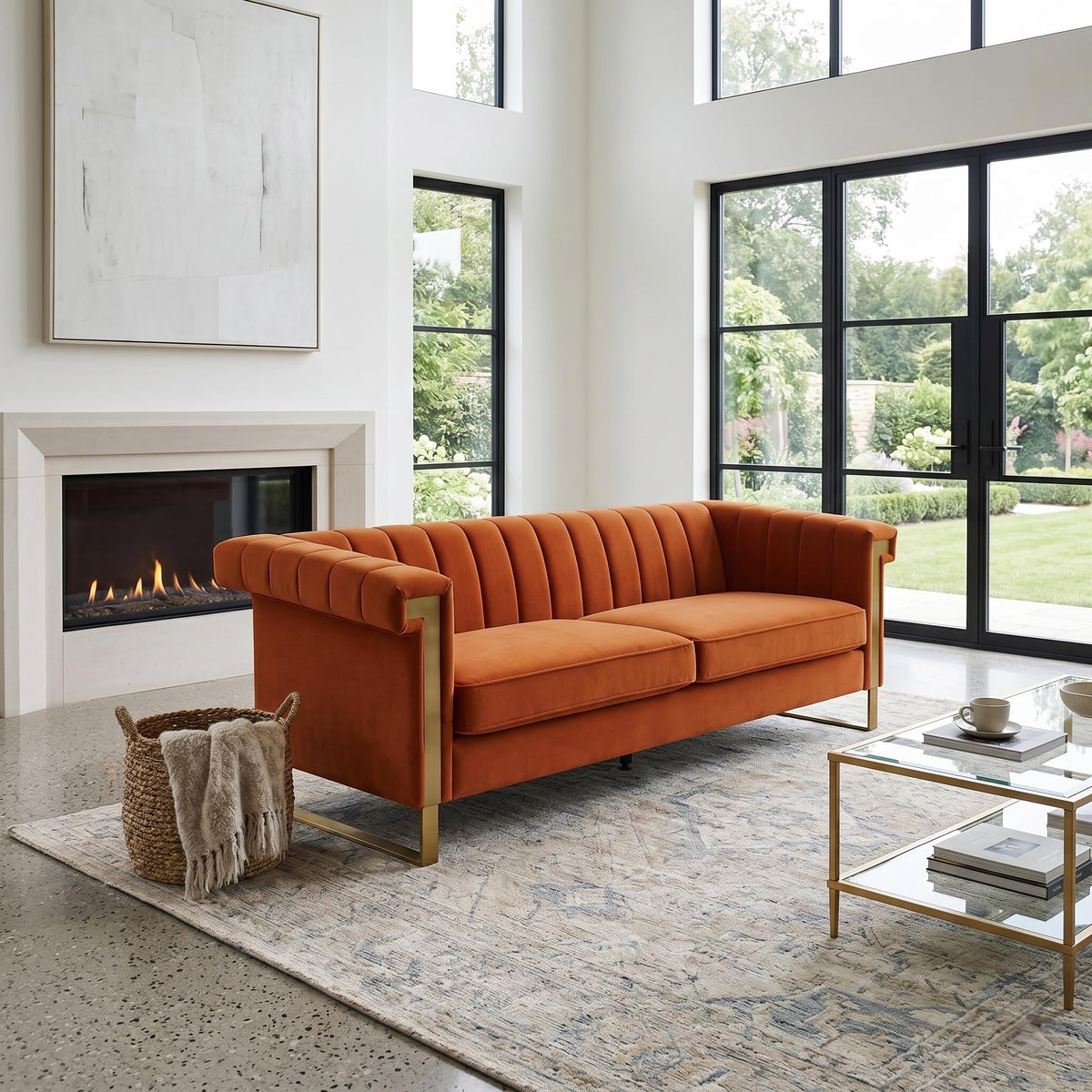 Orange Velvet 3-Seater Sofa Y983